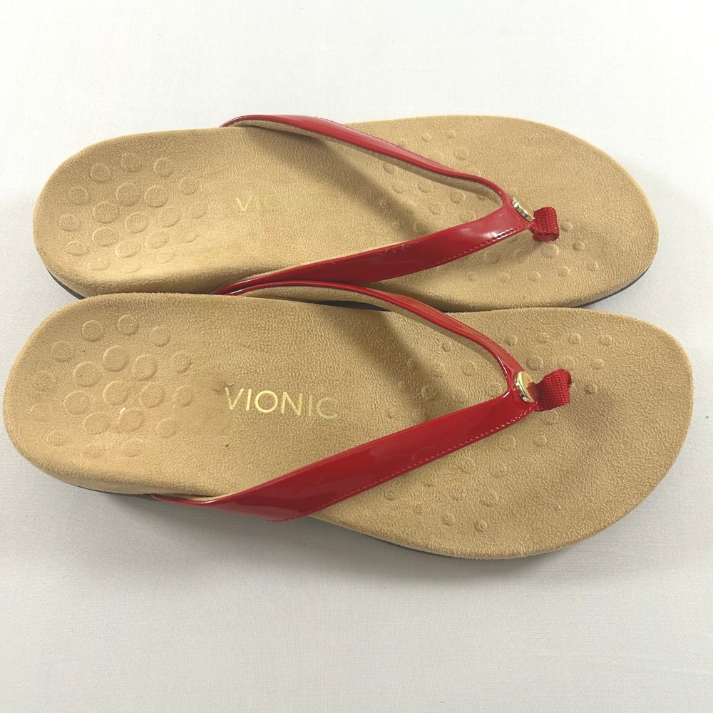 Vionic Mona Flip Flop Sandals Women 10 Wide Red Patent Leather Orthaheel Thong